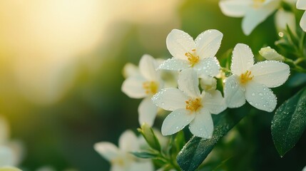 Obraz premium A close-up of delicate white flowers with green leaves, glistening with dew in soft natural light.