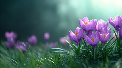 Fototapeta premium A serene close-up of vibrant purple flowers blooming in a lush green setting, bathed in soft, diffused light.