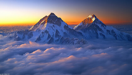 Majestic Himalayan peaks bathed in the golden hues of sunrise, soaring above a sea of clouds. A breathtaking panoramic view of nature's grandeur.