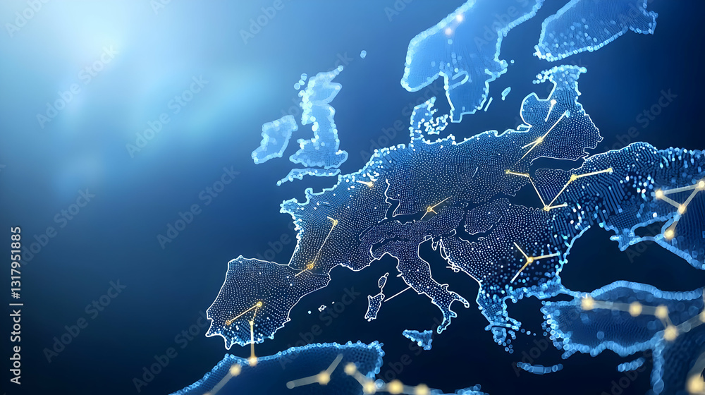 Poster illuminated digital map of europe with glowing blue data points and interconnected lines on dark bac