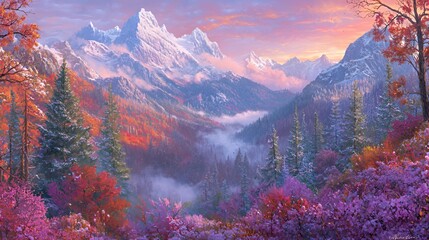 Majestic Snow Capped Mountains Autumn Forest Landscape