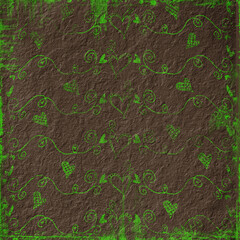 Rustic brown background with hand-drawn green hearts and swirls. Grunge romantic pattern ideal for Valentine’s Day and decorative designs.