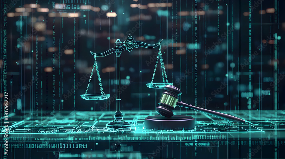 Aufkleber digital scales of justice and gavel on a glowing computer keyboard depicting cyberlaw concepts