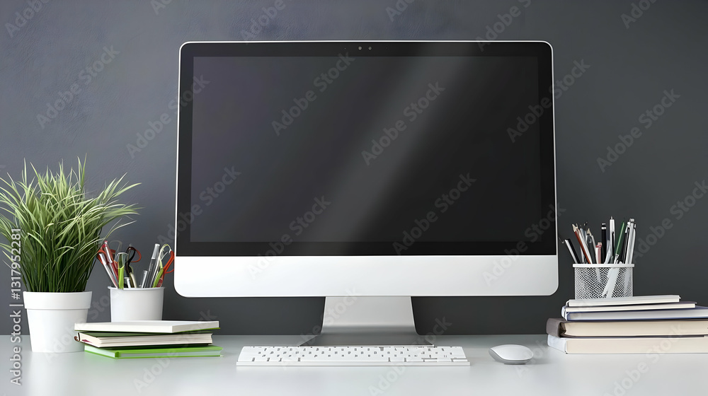 Poster modern workspace featuring a computer keyboard mouse and green plant on a white table against a grey
