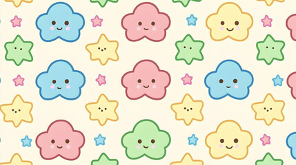 Adorable seamless pattern featuring cute pastel clouds and stars with happy faces, perfect for children's products, textiles, and digital designs.
