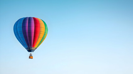 A Vibrant Multicolored Hot Air Balloon Soaring Against A Clear Pastel Blue Sky On A Sunny Day