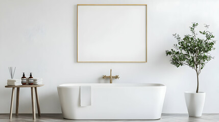 Fototapeta premium Modern Minimalist White Bathroom With Gold Fixtures Freestanding Bathtub Indoor Plant And Blank Frame Mockup