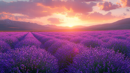 Obraz premium Endless Lavender Field Under Twilight Sky with Purple Blooms Fading into Dusk in Rural Landscape Photography 