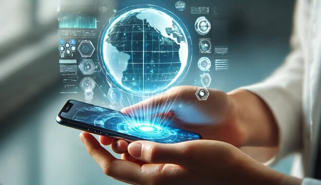 4K cinematic close-up video of a human hand holding a smartphone, with 3D holographic data and charts floating out of the screen into the air. Perfect for technology presentations, fintech ads.