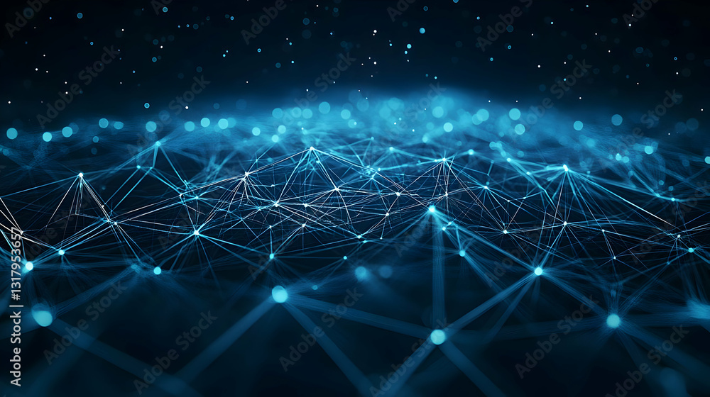 Poster abstract digital network representing data connections and technological advancement in deep blue sp