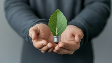 Hands holding a light bulb with a leaf, symbolizing sustainability and eco-friendliness.