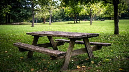Fototapeta premium Cozy Wooden Picnic Table in Serene Outdoor Setting