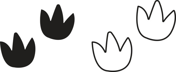 Dinosaur tracks icon set. Dragon tracks foot print symbol silhouette black vector collection isolated on transparent background. Dino cute trail texture. Hand drawn paleontology dinosaur paw prints.