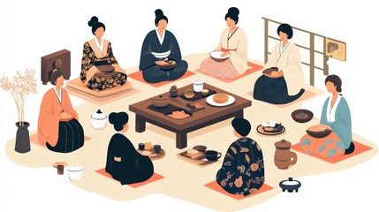 Obraz premium Traditional Tea Ceremony Across Cultures in Artistic Style