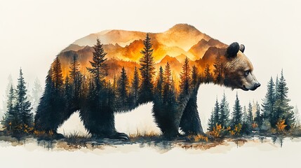 double exposure bear and forest clipart watercolor art illustration detailed illustration