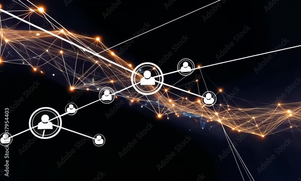 Poster glowing network connections with user icons on black background