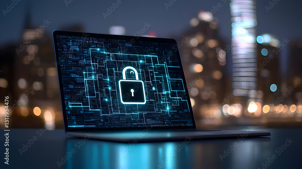 Aufkleber laptop displaying illuminated lock icon against city lights representing digital security and data p