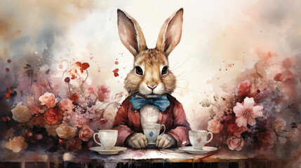 Mystical background in Alice in Wonderland style, tea party theme, white rabbit, in watercolor style,.    Generative AI