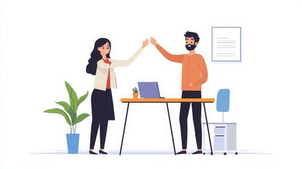 Fototapeta premium Two colleagues celebrating success with a high-five in an office setting.