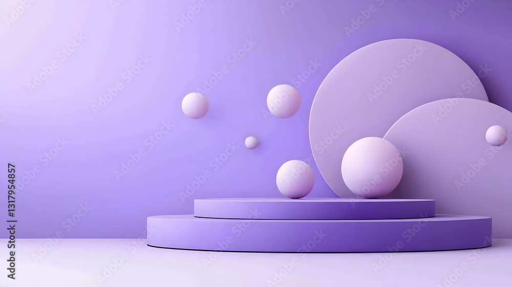 Poster purple stage display with spheres and circular shapes against a minimalist background