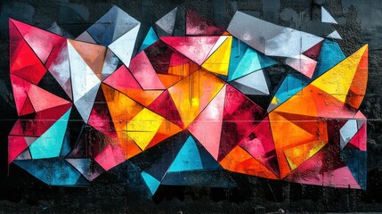 Vibrant Geometric Graffiti Mural on Dark Wall