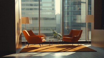 Contemporary office waiting area with cityscape view and stylish armchairs