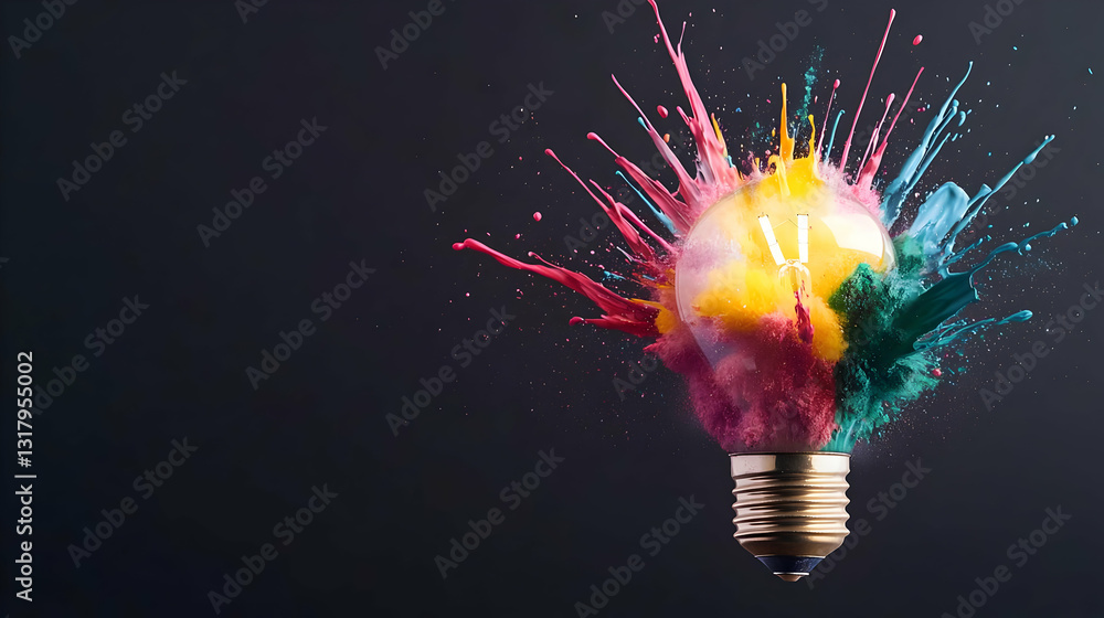 Poster exploding lightbulb with colorful paint splatter on dark background represents creative idea
