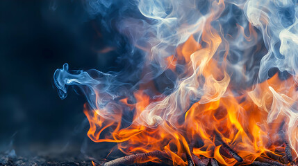 Fototapeta premium Intense Fire Flames With Orange And Blue Hues Against A Dark Background Showing Embers And Burning Smoke