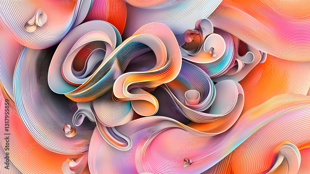Poster a 3d render of iridescent swirls and curves in vibrant colors with intricate textures and dynamic fl