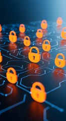 Digital locks on a network grid symbolize cybersecurity layers.
