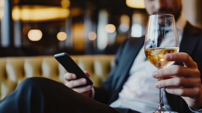 A stylish man in a suit relaxes in an upscale lounge, holding a glass of white wine while using his smartphone. The elegant ambiance and warm lighting convey luxury, leisure,