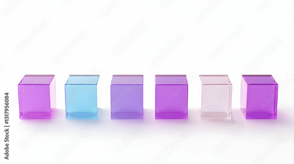 Poster spectrum of colorful glass cubes arranged in a row against a white backdrop in a studio setting with