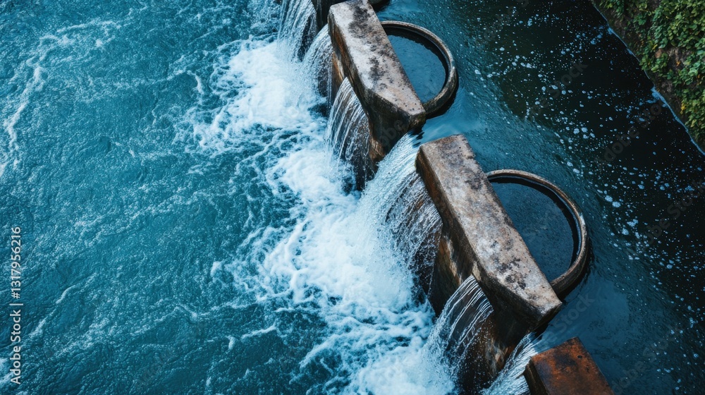 Poster water flowing through circular structures in a serene setting with lush greenery nearby