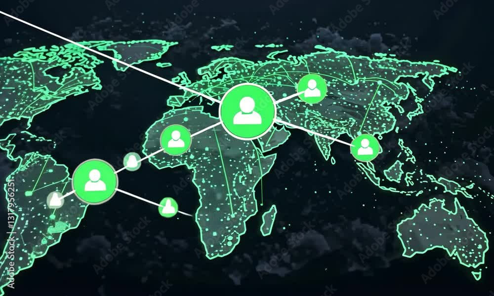 Poster green glowing nodes and lines over world map representing global connectivity
