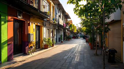 Fototapeta premium Charming Narrow Street With Colorful Houses And Lush Greenery In A Picturesque European Town On A Sunny Morning With Long Shadows