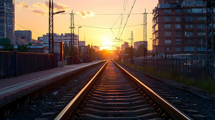 Fototapeta premium Golden Hour Sunset Over City Train Tracks With Wet Rails And Urban Buildings In Background