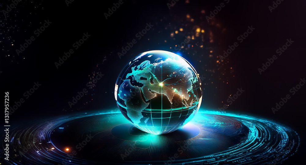 Poster a luminous globe with glowing digital lines is centered against a dark cosmic background. bright lig