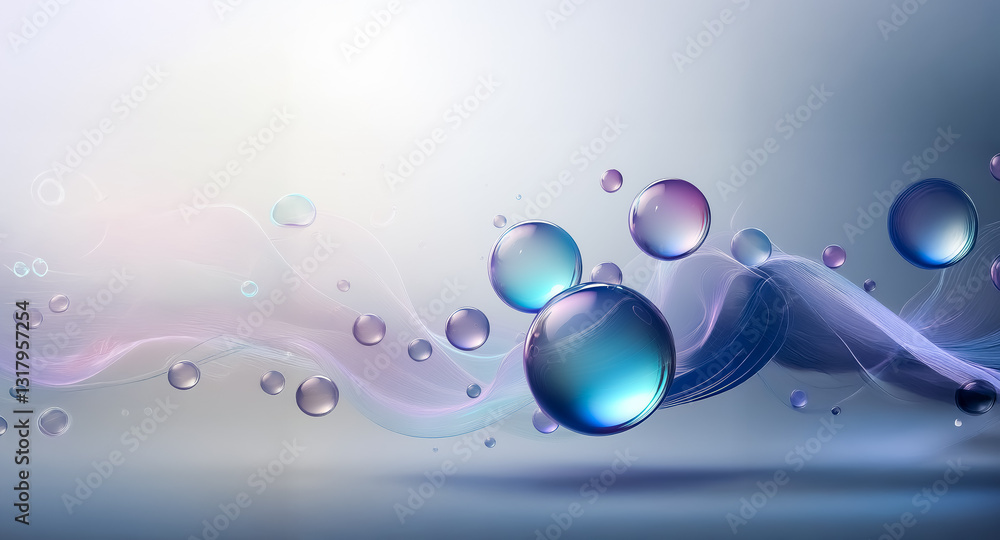 Poster soft, abstract image featuring floating spheres and flowing lines against a gradient backdrop in sha