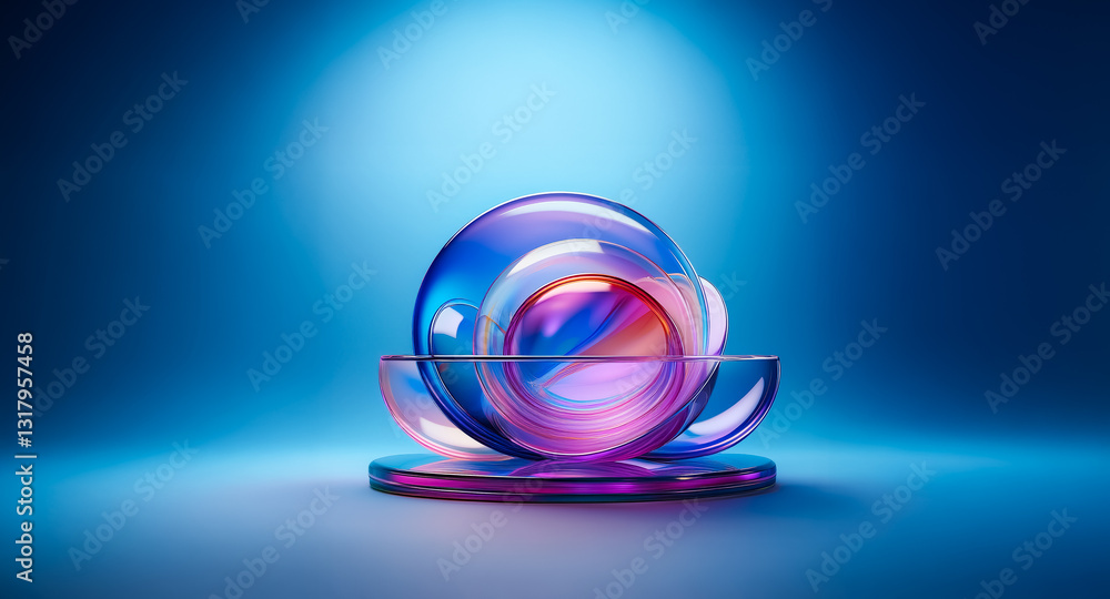 Poster a luminous sphere with blue and pink gradient rests on a semicircular base, both are transparent and