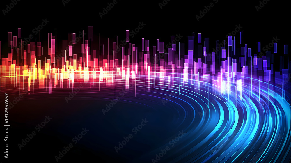 Poster abstract digital waveform with colorful light streaks against black background displaying technology