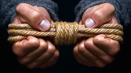 person breaking free from a rope tied around their hands, symbolic of liberation, conceptual photography, copy space