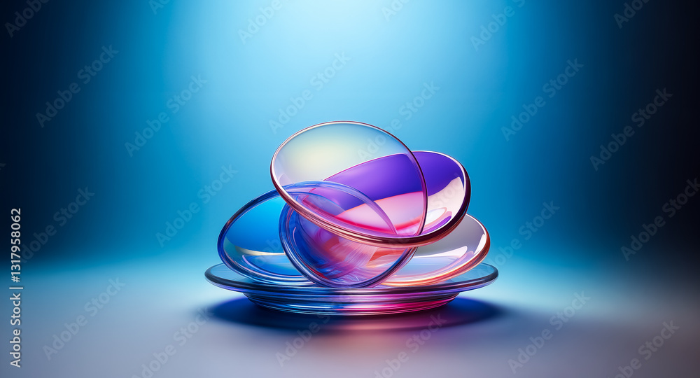 Poster abstract glass forms, illuminated with vibrant blue and pink light, are stacked on a reflective surf