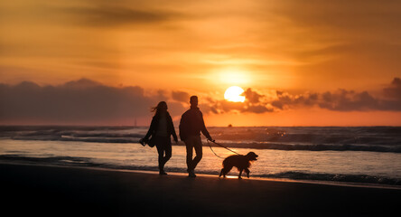Silhouetted couple walks their dog along the beach during a beautiful sunset. The sky is a vibrant orange and yellow, reflecting on the sea.