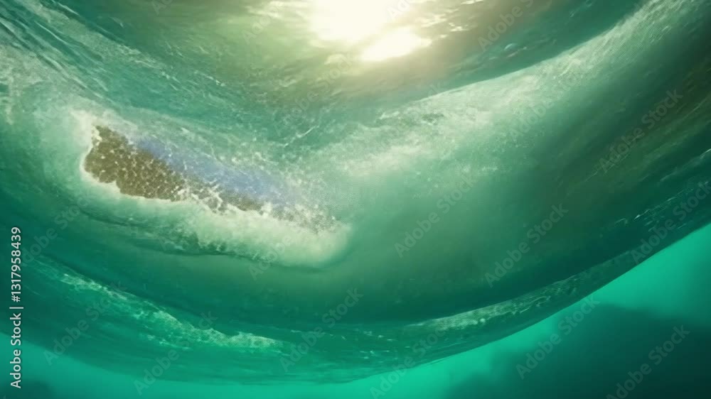 Poster mesmerizing underwater view captures swirling motion of ocean waves with sunlight filtering through 