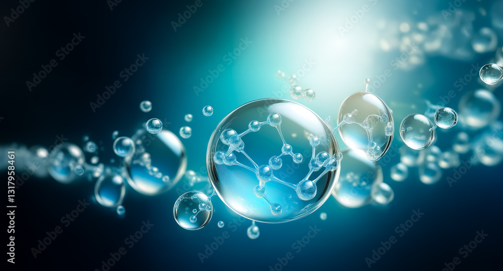 Poster abstract blue background with transparent spheres containing molecule-like structures, arranged in a