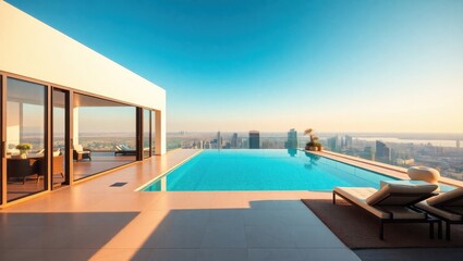 Fototapeta premium Luxury Penthouse Infinity Pool with Stunning City Skyline View at Sunset