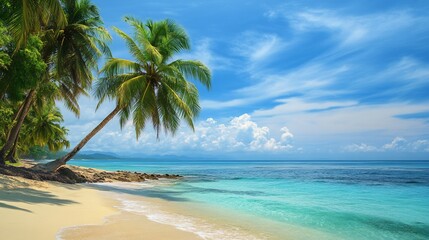 Serene Tropical Beach Paradise: Palm Trees, Turquoise Waters, and Azure Sky