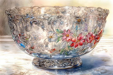 fruit vase, candy bowl, transparent glass with flowers., watercolor style, Generative AI