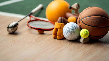 Assorted Sports Balls Racquet and Gloves Arranged on a Wooden Surface with Green Court in Background