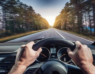 Naklejka premium Manos al volante conduciendo por una carretera entre el bosque